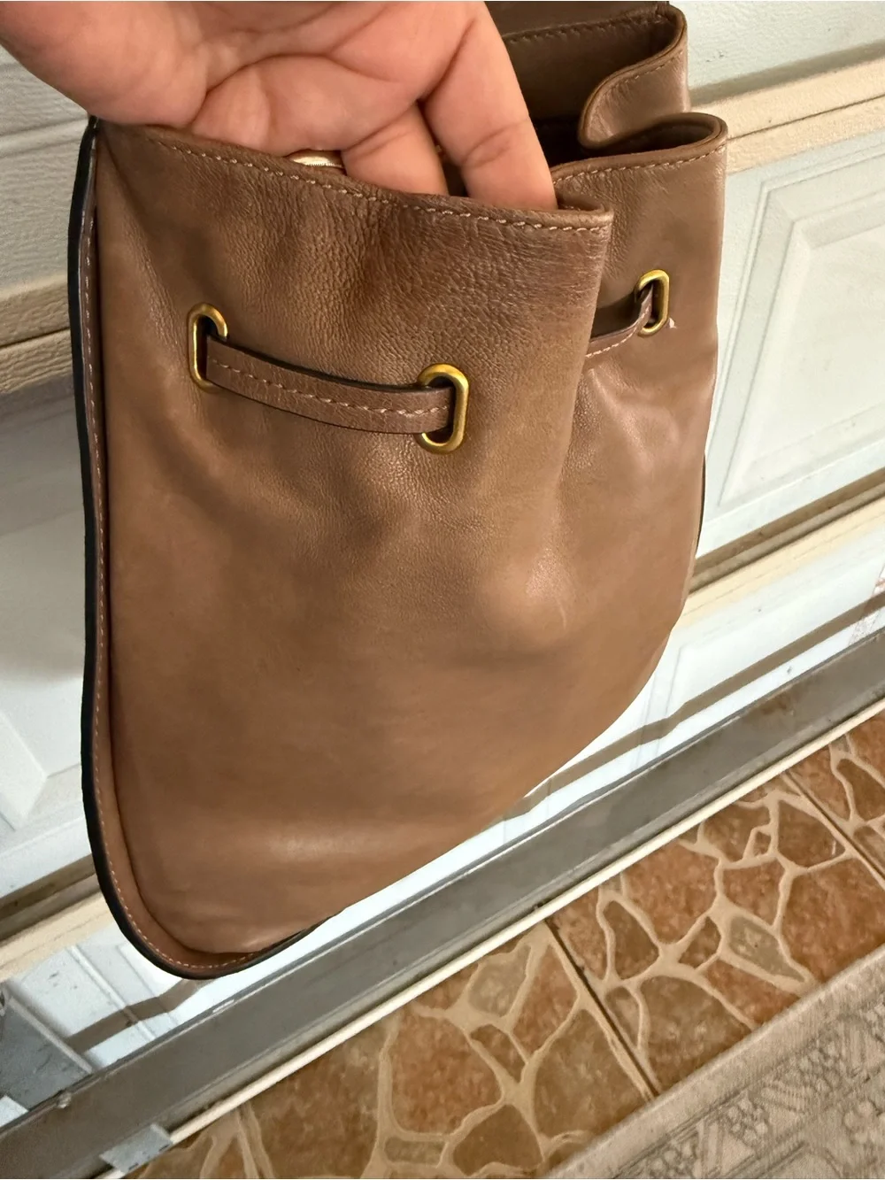 Frye Brown Leather Drawstring Hobo Bag